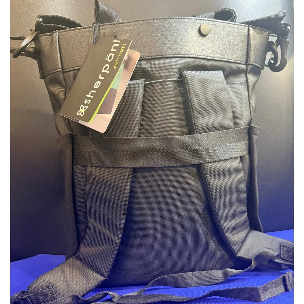 Sherpani Tote Backpack Convertible Black Nylon Leather Trim Versatile - Picture 4 of 14